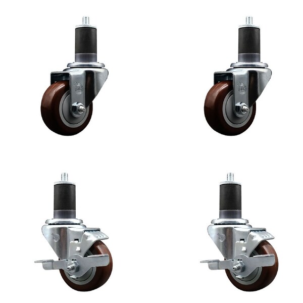 Service Caster 3'' Maroon Poly Wheel Swivel 1-5/8'' Expanding Stem Caster Set 2 Brakes, 4PK SCC-EX20S314-PPUB-MRN-2-TLB-2-158 - main